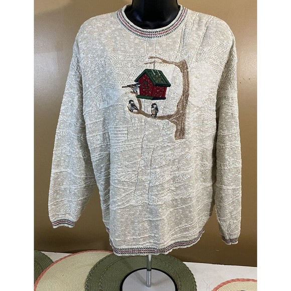 Jantzen Sweaters - Vintage Jantzen USA Made Embroidered Bird/ House Women’s Woven Sweater Size L